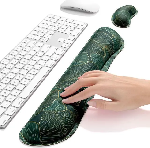 Alt view image 5 of 7 - Dapesuom Enlarge Keyboard Wrist Rest, Memory Foam Wrist Cushion for Desk Mats Support, Cute Pain Relief Keyboard Mouse Pad Rests Set with Non-Slip Base for Gaming Laptop Office Computer, Green Leaf