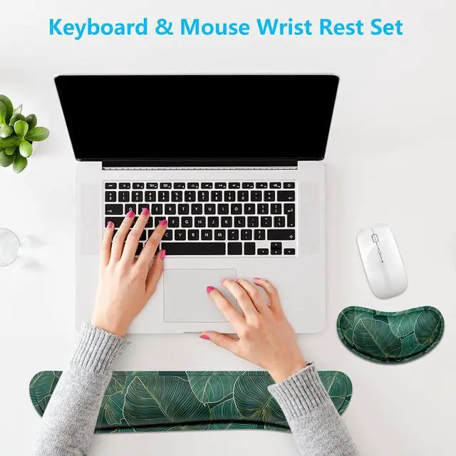 Alt view image 7 of 7 - Dapesuom Enlarge Keyboard Wrist Rest, Memory Foam Wrist Cushion for Desk Mats Support, Cute Pain Relief Keyboard Mouse Pad Rests Set with Non-Slip Base for Gaming Laptop Office Computer, Green Leaf