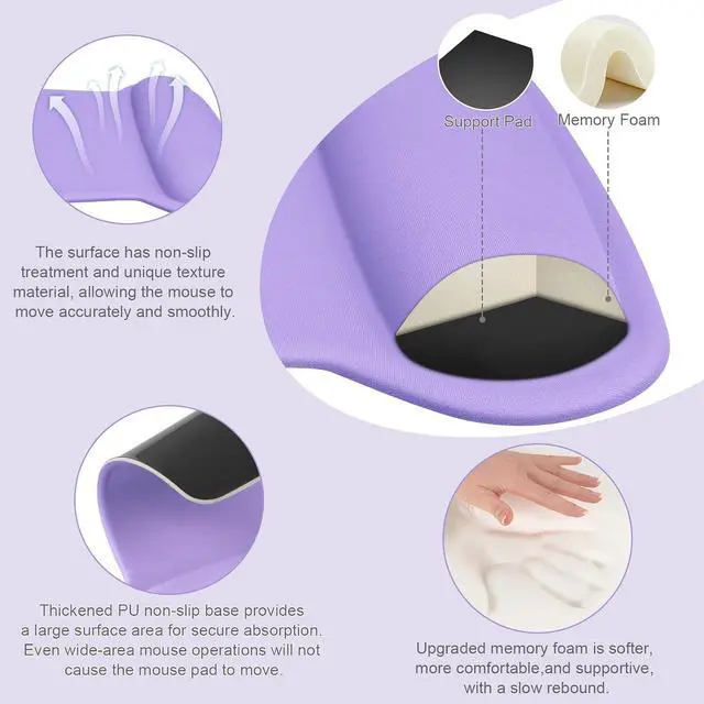 Alt view image 2 of 7 - MOSISO Wrist Rest Support for Mouse Pad & Keyboard Set, Ergonomic Mousepad Non-Slip Base Home/Office Pain Relief & Easy Typing Cushion with Neoprene Cloth & Raised Memory Foam, Light Purple