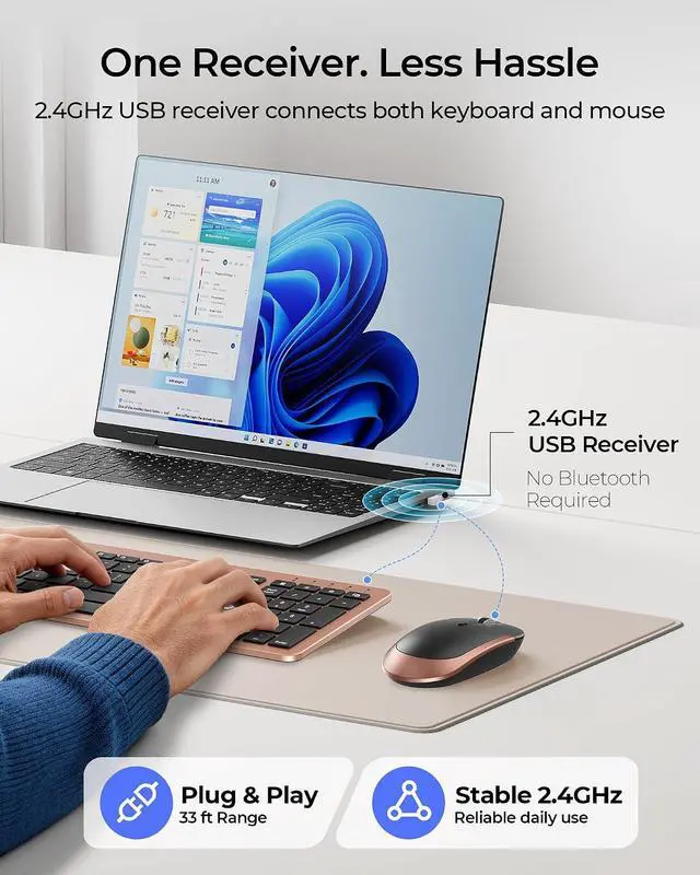 Alt view image 2 of 7 - seenda Rechargeable Wireless Keyboard and Mouse Combo, Rose Gold & Black | Quiet, slim full-size keyboard with numpad, 2.4GHz USB receiver, USB-C charging, 3-level DPI mouse for Windows PCs/laptops
