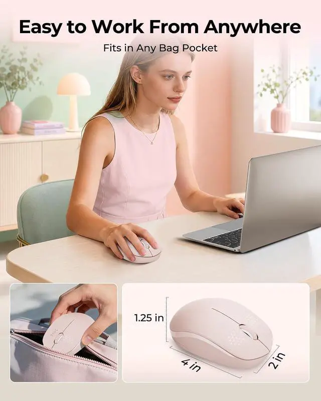Alt view image 3 of 7 - seenda Wireless Mouse for Laptop, 2.4G Noiseless Computer Mouse,Pink | Small portable design,USB receiver, quiet clicks, smooth tracking, 24-month battery life Mice for laptop,Chromebook and PC.