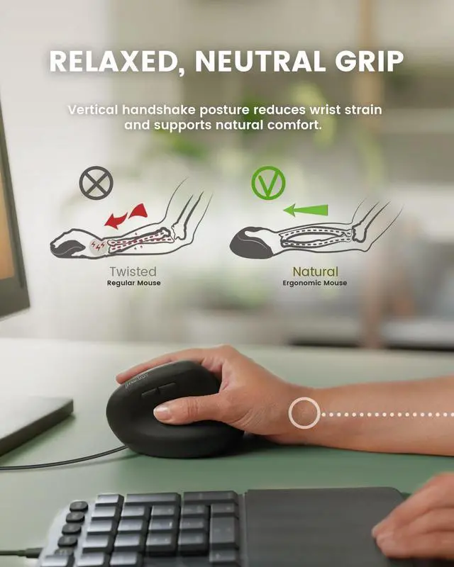 Alt view image 2 of 7 - Perixx PERIMICE-508II Wired Vertical Ergonomic Mouse - 6 Buttons, Adjustable DPI 1000/1600/3200/6400, Optical Sensor, USB Plug and Play, Right-Handed, Black