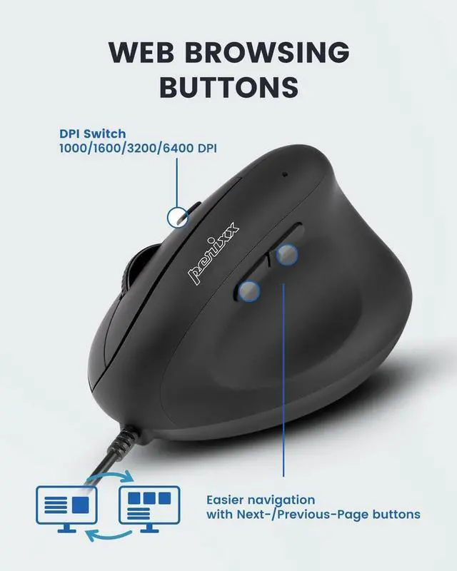 Alt view image 3 of 7 - Perixx PERIMICE-508II Wired Vertical Ergonomic Mouse - 6 Buttons, Adjustable DPI 1000/1600/3200/6400, Optical Sensor, USB Plug and Play, Right-Handed, Black