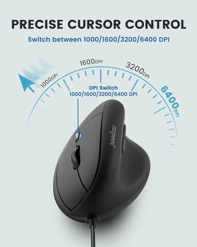 Alt view image 4 of 7 - Perixx PERIMICE-508II Wired Vertical Ergonomic Mouse - 6 Buttons, Adjustable DPI 1000/1600/3200/6400, Optical Sensor, USB Plug and Play, Right-Handed, Black