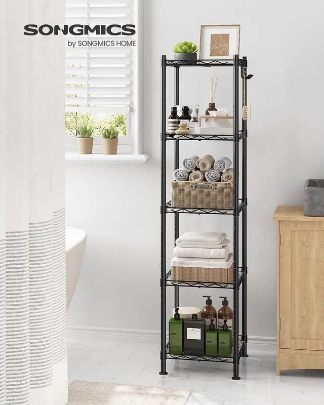 Alt view image 2 of 7 - SONGMICS Storage Shelf, Bathroom Shelf, 5 Tier, Ink Black | Small space storage rack, with 5 PP shelf liners, removable hook, extendable design, Translucent, ULGR23BK