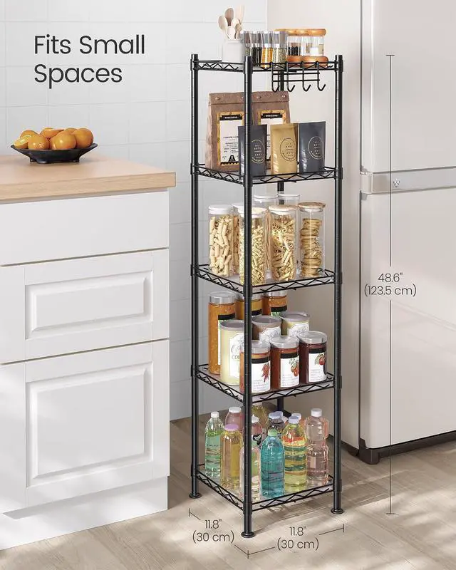 Alt view image 3 of 7 - SONGMICS Storage Shelf, Bathroom Shelf, 5 Tier, Ink Black | Small space storage rack, with 5 PP shelf liners, removable hook, extendable design, Translucent, ULGR23BK