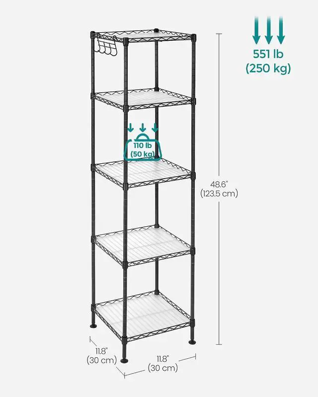 Alt view image 7 of 7 - SONGMICS Storage Shelf, Bathroom Shelf, 5 Tier, Ink Black | Small space storage rack, with 5 PP shelf liners, removable hook, extendable design, Translucent, ULGR23BK