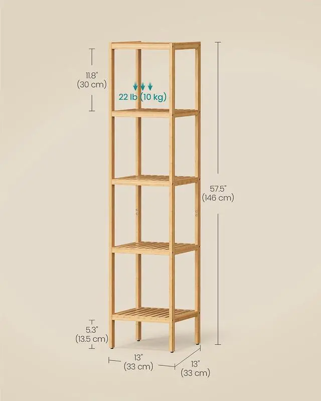 Alt view image 3 of 6 - SONGMICS Bamboo Storage Shelf, 5-Tier Shelving Unit, Multifunctional, in the Entryway, Bathroom, Living Room, Balcony, Kitchen, 13 x 13 x 57.5 Inches, Light Bamboo UBCB55Y