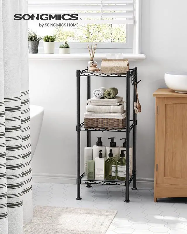 Alt view image 2 of 7 - SONGMICS Storage Shelf, Bathroom Shelf for Small Space, 3 Tier, Ink Black | Storage rack with 3 PP shelf liners, removable hook, extendable design, Translucent, ULGR103B01