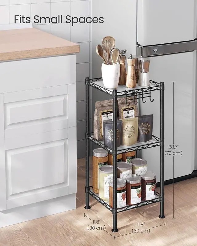 Alt view image 3 of 7 - SONGMICS Storage Shelf, Bathroom Shelf for Small Space, 3 Tier, Ink Black | Storage rack with 3 PP shelf liners, removable hook, extendable design, Translucent, ULGR103B01