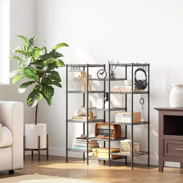 Alt view image 2 of 7 - SONGMICS Storage Shelf, Bathroom Shelf for Small Space, 4 Tier | Storage rack for small space, 4 PP shelf liners, removable hook, extendable design, Ink Black and Translucent, ULGR104B01