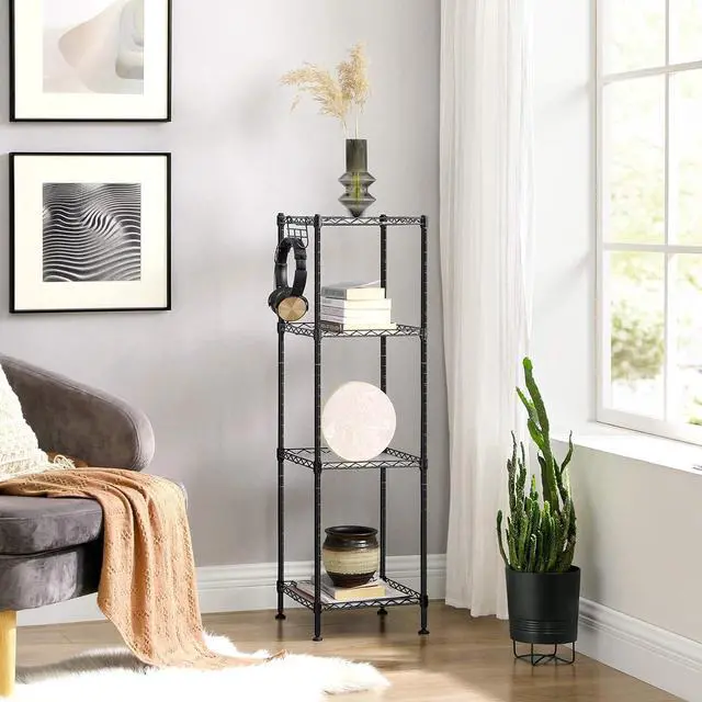 Alt view image 4 of 7 - SONGMICS Storage Shelf, Bathroom Shelf for Small Space, 4 Tier | Storage rack for small space, 4 PP shelf liners, removable hook, extendable design, Ink Black and Translucent, ULGR104B01