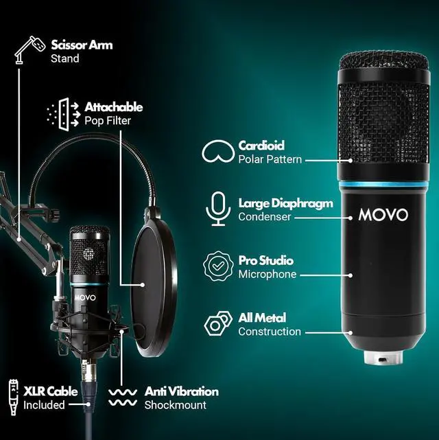 Alt view image 5 of 7 - Movo PodPak Podcast Equipment Bundle with XLR Condenser Microphone, Articulating Scissor Arm, and Pop Filter - XLR Mic for Podcasting, Streaming, YouTube, Music, ASMR - Content Creator Studio Mic
