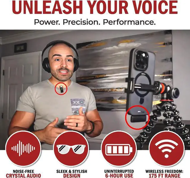 Alt view image 2 of 6 - Wireless Lavalier Microphone for iPhone and All Devices - Single 2.4Ghz Mic, Audio w/Noise Canceling - Long Range Up to 175ft - Easy to Use for Video Recording, Podcast