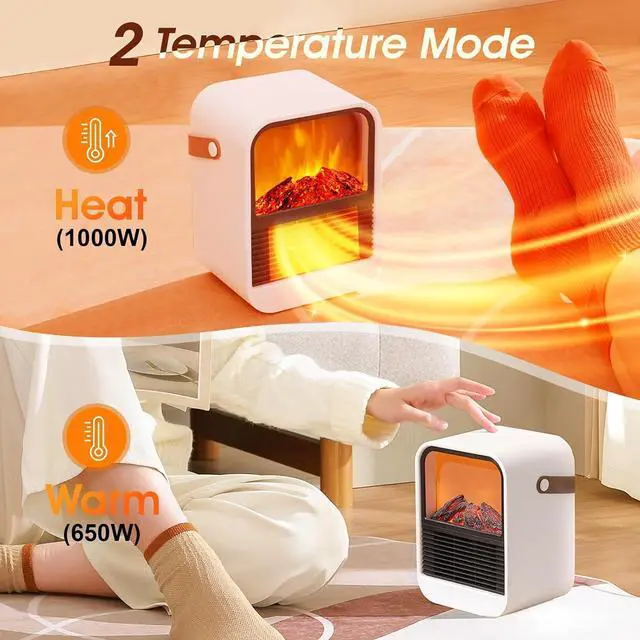 Alt view image 3 of 7 - Portable Mini Electric Fireplace Heater,Small Room Space Heaters for Indoor Use with 3D Flames,PTC Ceramic Heater, Desk Space Heater for Bedroom,Bathroom and Office Quiet Small(White)