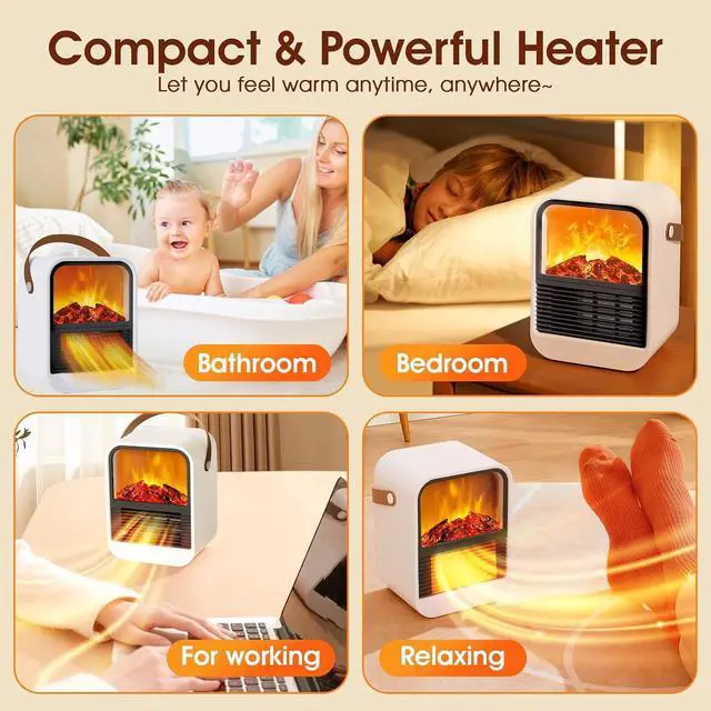 Alt view image 5 of 7 - Portable Mini Electric Fireplace Heater,Small Room Space Heaters for Indoor Use with 3D Flames,PTC Ceramic Heater, Desk Space Heater for Bedroom,Bathroom and Office Quiet Small(White)