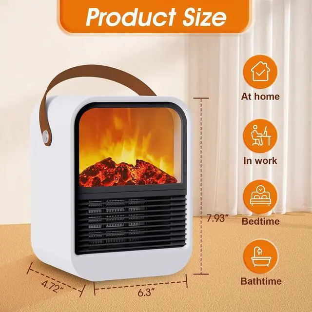 Alt view image 7 of 7 - Portable Mini Electric Fireplace Heater,Small Room Space Heaters for Indoor Use with 3D Flames,PTC Ceramic Heater, Desk Space Heater for Bedroom,Bathroom and Office Quiet Small(White)