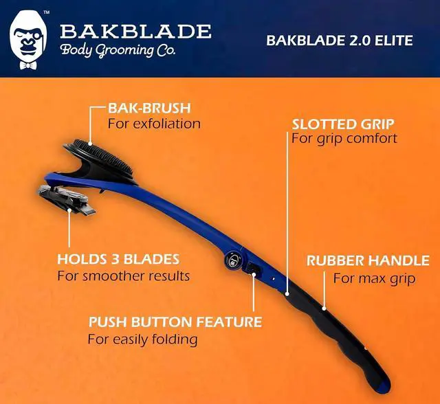 Alt view image 7 of 7 - BakBlade 2.0 Elite Back Shaver for Men With Silicone Handle For Grip | Exfoliator Brush Included, 3 Rows of Blades, Ergonomic Foldable Handle, Wet & Dry Shaving, Includes Our Safe Dryglide Blades