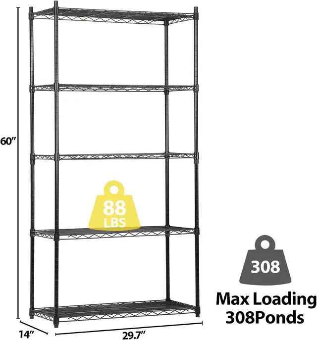 Alt view image 4 of 7 - SUPER DEAL Black 5-Shelf Heavy Duty Storage Wire Shelving Unit for Restaurant Garage Pantry Kitchen Garage Rack (30L x 14W x 60H)
