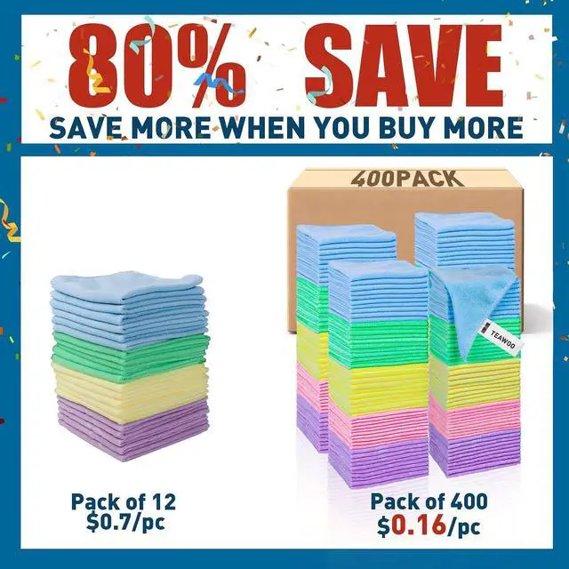 Alt view image 2 of 6 - TEAWOO Microfiber Towels Bulk-400 Pack, Cleaning Cloths | Microfiber Towels for Cars, Cleaning Rags, 5 Colors Assorted (11.5x11.5 inches)