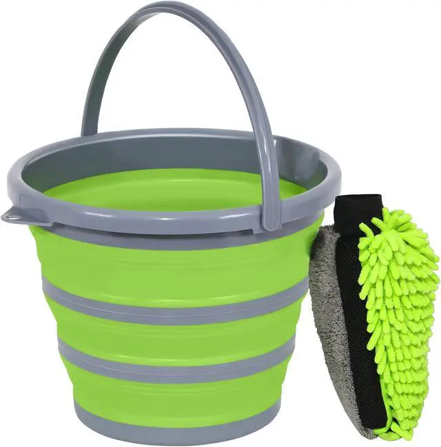 Main image of Collapsible Bucket with 3-in-1 Car Wash Mitt, Coral Velvet + Weave + Chenille Microfiber Glove Sponge, 10L (2.6 Gallon) Portable Folding Basin Pail for Household Cleaning