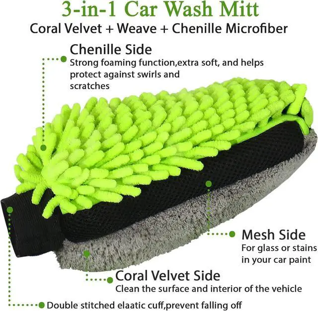 Alt view image 5 of 6 - Collapsible Bucket with 3-in-1 Car Wash Mitt, Coral Velvet + Weave + Chenille Microfiber Glove Sponge, 10L (2.6 Gallon) Portable Folding Basin Pail for Household Cleaning