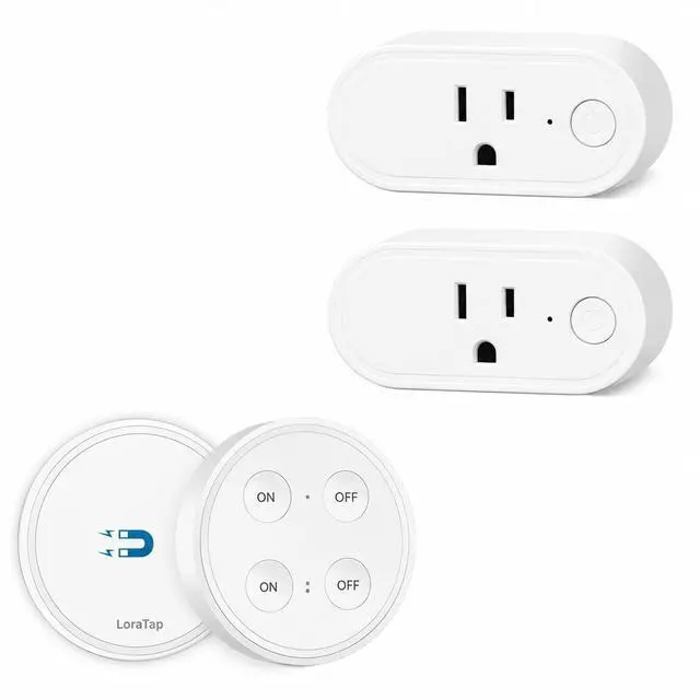 Main image of LoraTap Wireless Outlet (2 Pack) - Ergonomic Round Remote (Comfort Grip!) + Magnetic Wall Base - Stick & Grab, No Wall Damage - 15A/1875W 100ft Range - Control for Hard-to-Reach Sockets