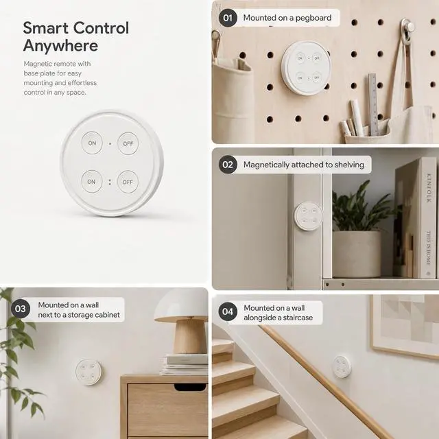 Alt view image 4 of 7 - LoraTap Wireless Outlet (2 Pack) - Ergonomic Round Remote (Comfort Grip!) + Magnetic Wall Base - Stick & Grab, No Wall Damage - 15A/1875W 100ft Range - Control for Hard-to-Reach Sockets