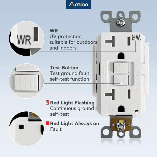 Alt view image 5 of 7 - Amico GFCI Outlet 20 Amp, 12 Pack, White, Weather Resistant(WR) | ETL listed, self-test with LED indicator, thinner design, indoor or outdoor, plates and screws included