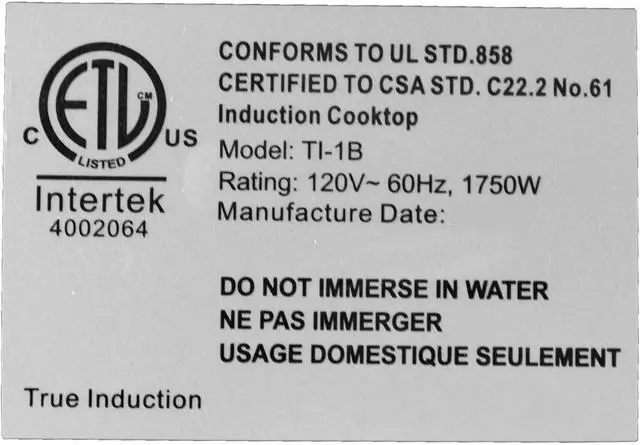 Alt view image 5 of 6 - TI-1B 12 inch Built-In Single Burner Induction Glass-Ceramic Cooktop, 1750W, UL858 Certified