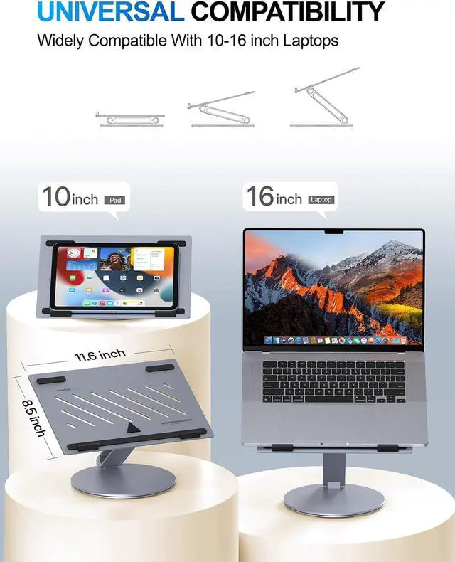 Alt view image 2 of 7 - YICOSUN Laptop Stand for Desk, 360° Rotating Height Adjustable Computer Stand, Ergonomic Aluminum Laptop Riser with Ventilated Cooling, Foldable for 10-16 inch MacBook Pro Air Neo Dell HP - Gray