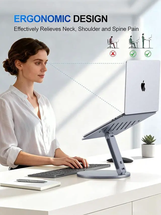 Alt view image 4 of 7 - YICOSUN Laptop Stand for Desk, 360° Rotating Height Adjustable Computer Stand, Ergonomic Aluminum Laptop Riser with Ventilated Cooling, Foldable for 10-16 inch MacBook Pro Air Neo Dell HP - Gray