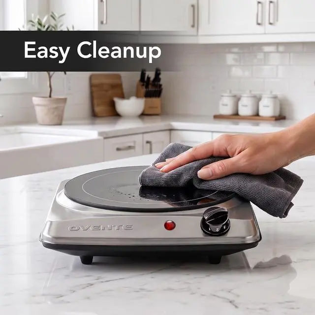 Alt view image 5 of 7 - OVENTE Electric Infrared Single Burner, 1000W Hot Plate, Silver BGI101S | 7 Ceramic Glass Cooktop, Stainless Steel, 5 Level Temperature Setting, Easy to Clean, Compact Stove for Home Dorm Office