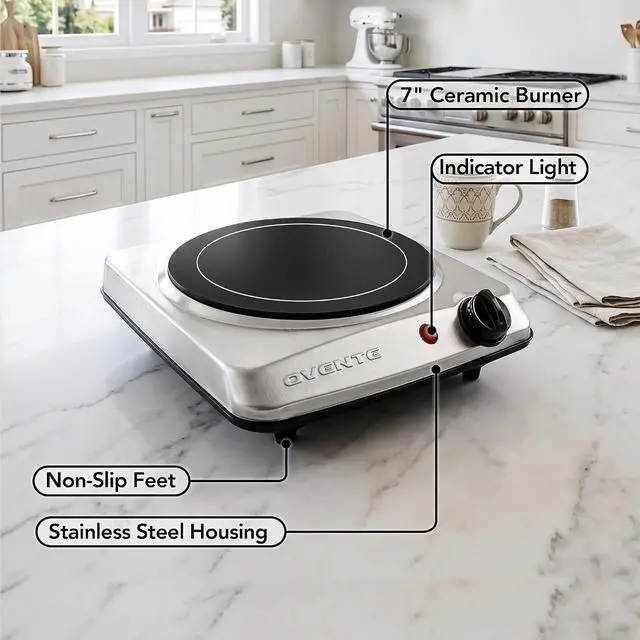Alt view image 7 of 7 - OVENTE Electric Infrared Single Burner, 1000W Hot Plate, Silver BGI101S | 7 Ceramic Glass Cooktop, Stainless Steel, 5 Level Temperature Setting, Easy to Clean, Compact Stove for Home Dorm Office