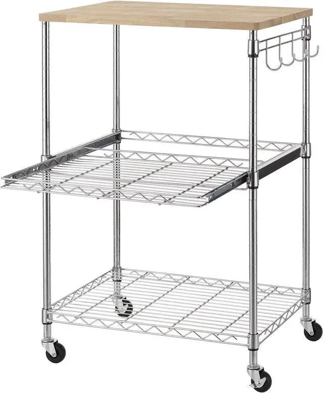 Main image of Finnhomy 3-Tier Rolling Kitchen Cart, Microwave Cart with Oak Wood Tabletop and Drawer Slider, Coffee Cart & Food Service Cart with Hooks, Chrome
