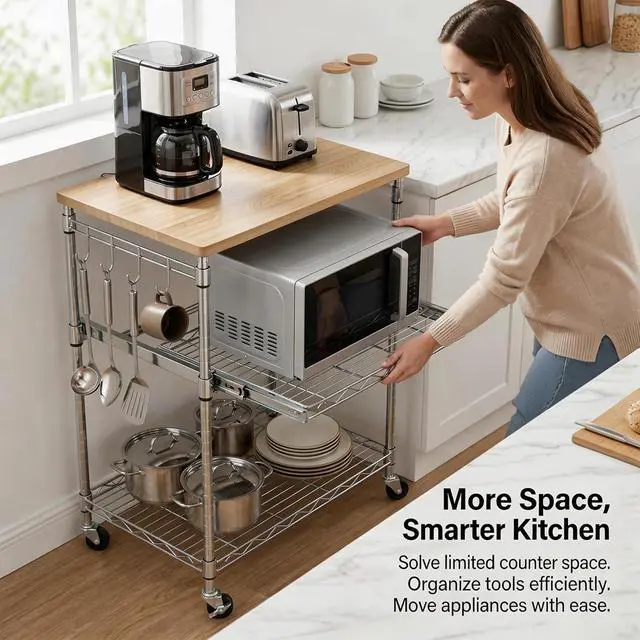 Alt view image 2 of 7 - Finnhomy 3-Tier Rolling Kitchen Cart, Microwave Cart with Oak Wood Tabletop and Drawer Slider, Coffee Cart & Food Service Cart with Hooks, Chrome