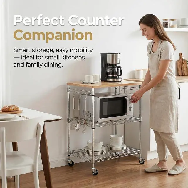 Alt view image 4 of 7 - Finnhomy 3-Tier Rolling Kitchen Cart, Microwave Cart with Oak Wood Tabletop and Drawer Slider, Coffee Cart & Food Service Cart with Hooks, Chrome