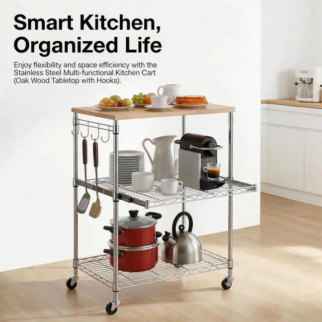 Alt view image 6 of 7 - Finnhomy 3-Tier Rolling Kitchen Cart, Microwave Cart with Oak Wood Tabletop and Drawer Slider, Coffee Cart & Food Service Cart with Hooks, Chrome