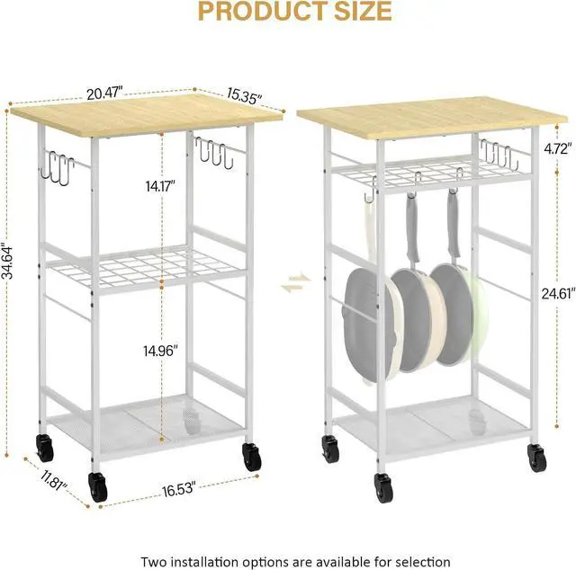 Alt view image 3 of 7 - ThreeHio Rolling Kitchen Microwave Cart, 3 Tier Microwave Table Stand with Adjustable Shelf, Kitchen Storage Rack on Wheels, Coffee Station Cart Rack Shelf Organizer for Living Room Office, Balcony