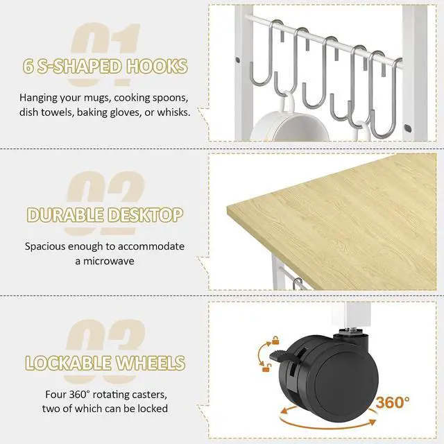 Alt view image 4 of 7 - ThreeHio Rolling Kitchen Microwave Cart, 3 Tier Microwave Table Stand with Adjustable Shelf, Kitchen Storage Rack on Wheels, Coffee Station Cart Rack Shelf Organizer for Living Room Office, Balcony
