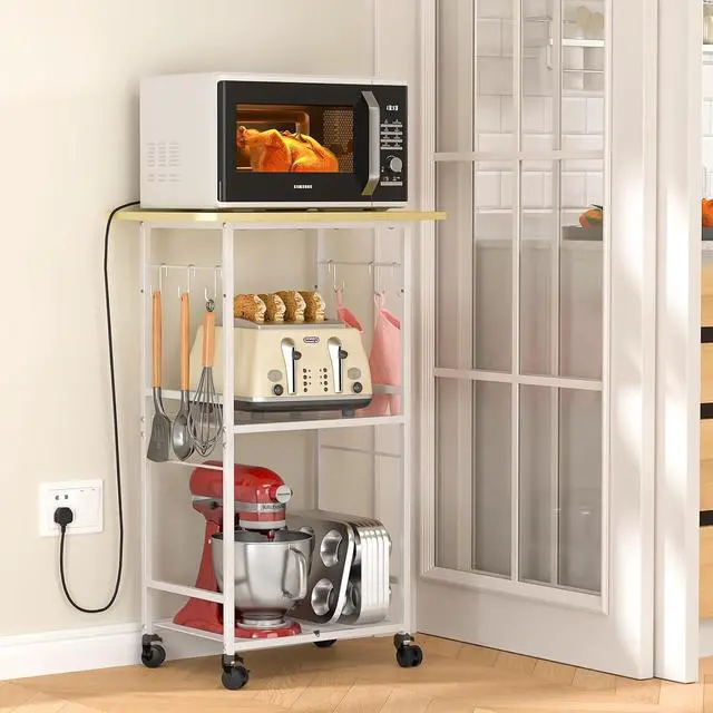 Alt view image 7 of 7 - ThreeHio Rolling Kitchen Microwave Cart, 3 Tier Microwave Table Stand with Adjustable Shelf, Kitchen Storage Rack on Wheels, Coffee Station Cart Rack Shelf Organizer for Living Room Office, Balcony