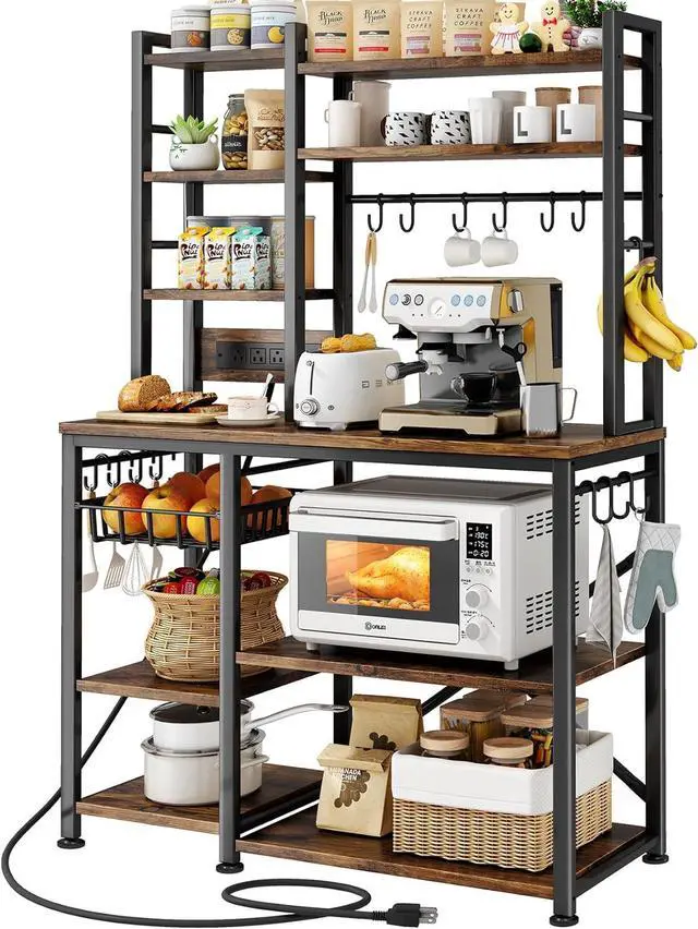 Main image of SNTD 6-Tier Bakers Rack with Power Outlets, 36 x 14.6 x 72 in, Rustic Brown | Large Capacity for Small Appliances, Stable Metal Frame with Wood Shelves, Pull-Out Basket, 14 Hooks