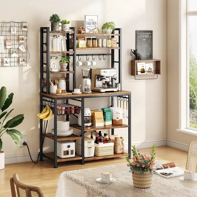 Alt view image 2 of 7 - SNTD 6-Tier Bakers Rack with Power Outlets, 36 x 14.6 x 72 in, Rustic Brown | Large Capacity for Small Appliances, Stable Metal Frame with Wood Shelves, Pull-Out Basket, 14 Hooks