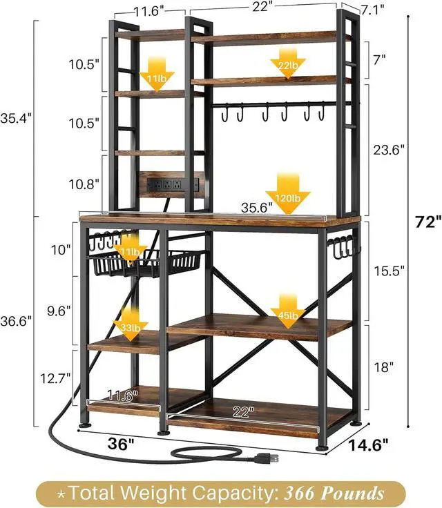 Alt view image 3 of 7 - SNTD 6-Tier Bakers Rack with Power Outlets, 36 x 14.6 x 72 in, Rustic Brown | Large Capacity for Small Appliances, Stable Metal Frame with Wood Shelves, Pull-Out Basket, 14 Hooks