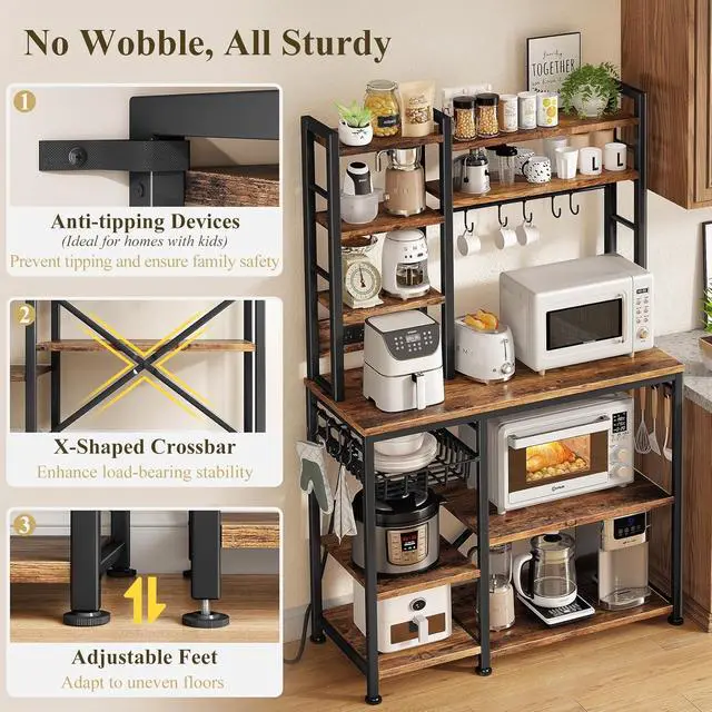 Alt view image 4 of 7 - SNTD 6-Tier Bakers Rack with Power Outlets, 36 x 14.6 x 72 in, Rustic Brown | Large Capacity for Small Appliances, Stable Metal Frame with Wood Shelves, Pull-Out Basket, 14 Hooks