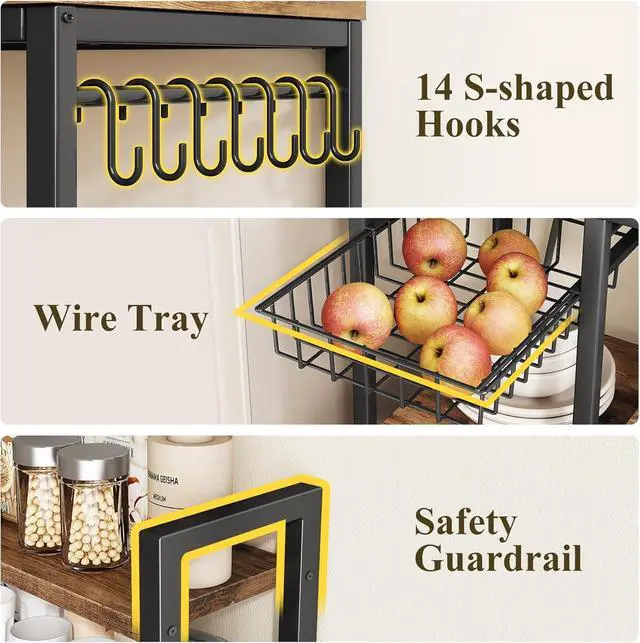 Alt view image 7 of 7 - SNTD 6-Tier Bakers Rack with Power Outlets, 36 x 14.6 x 72 in, Rustic Brown | Large Capacity for Small Appliances, Stable Metal Frame with Wood Shelves, Pull-Out Basket, 14 Hooks
