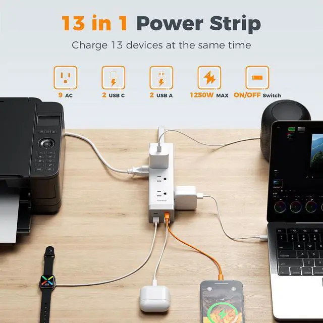 Alt view image 2 of 7 - TESSAN Surge Protector Power Strip with 1050J Protection, 6 Ft, Grey | 9 Outlets with 4 USB (2 USB C), Flat Plug Extension Cord, 20W Multiple Charging Station for Home, Office, College Dorm Room