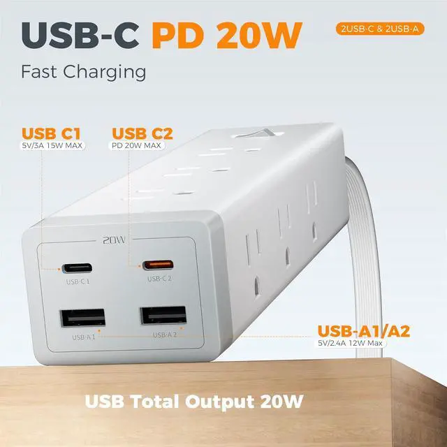 Alt view image 3 of 7 - TESSAN Surge Protector Power Strip with 1050J Protection, 6 Ft, Grey | 9 Outlets with 4 USB (2 USB C), Flat Plug Extension Cord, 20W Multiple Charging Station for Home, Office, College Dorm Room