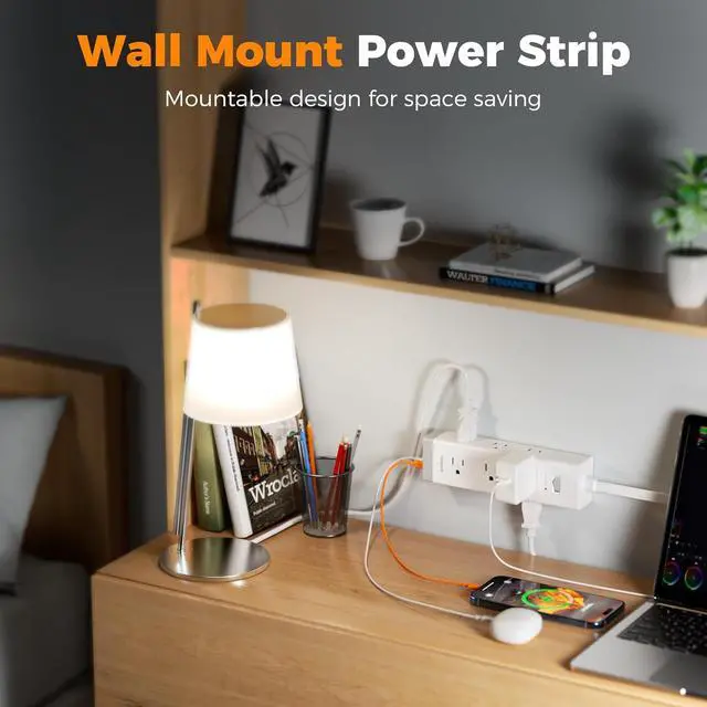 Alt view image 4 of 7 - TESSAN Surge Protector Power Strip with 1050J Protection, 6 Ft, Grey | 9 Outlets with 4 USB (2 USB C), Flat Plug Extension Cord, 20W Multiple Charging Station for Home, Office, College Dorm Room