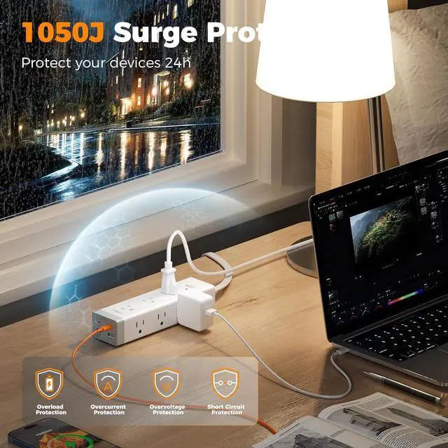 Alt view image 5 of 7 - TESSAN Surge Protector Power Strip with 1050J Protection, 6 Ft, Grey | 9 Outlets with 4 USB (2 USB C), Flat Plug Extension Cord, 20W Multiple Charging Station for Home, Office, College Dorm Room